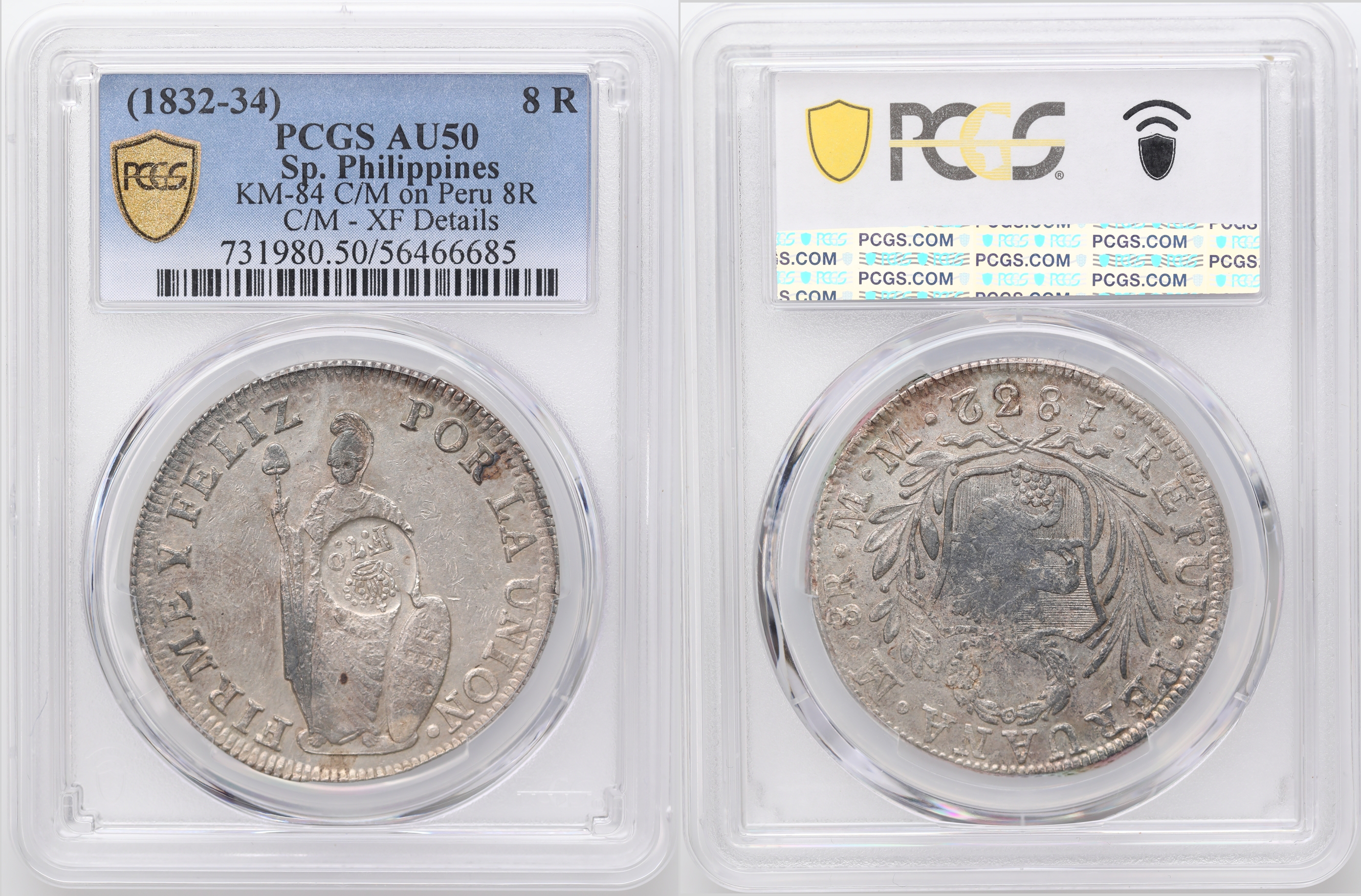 Philippines, Spanish 8 Reales C/M 1832-34 on Peru 8 Reales Kv: PCGS AU50