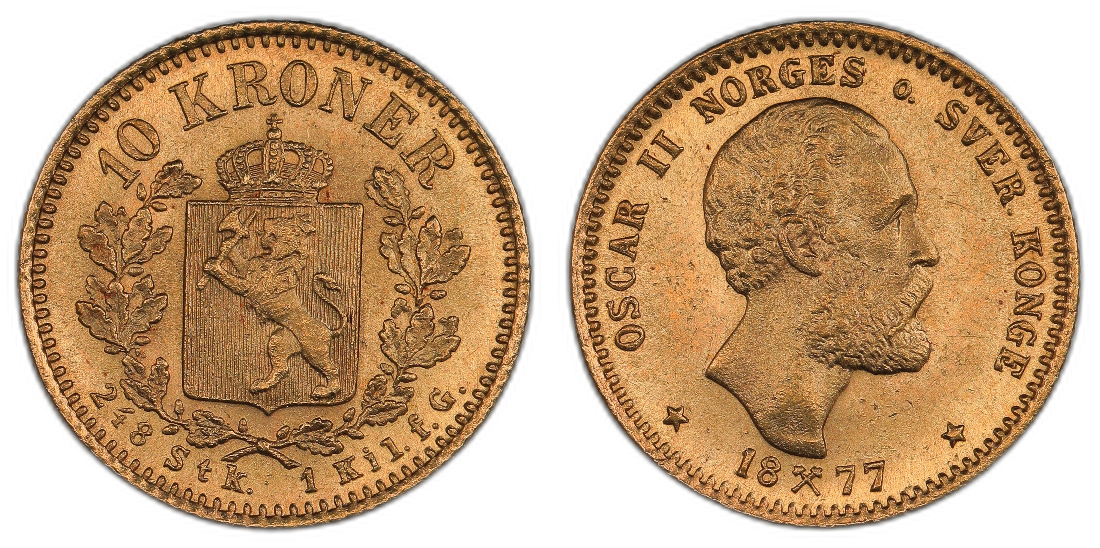 Norge 10 Kroner 1877 Kv: 0/01