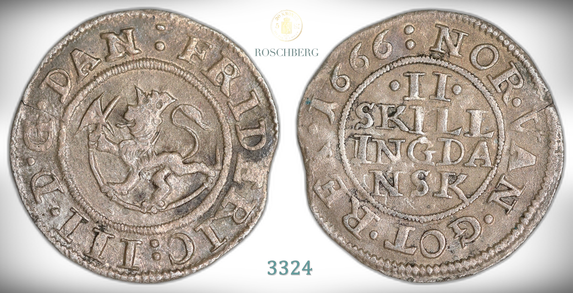Norge 2 Skilling 1666  Kv: 1+