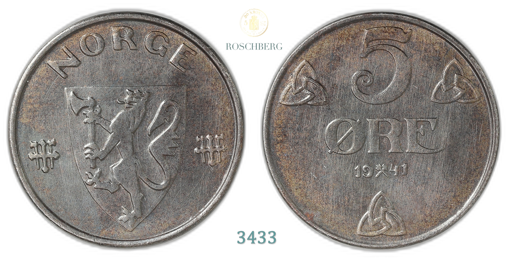 Norge 5 Øre 1941  Kv: 0, praktstriper