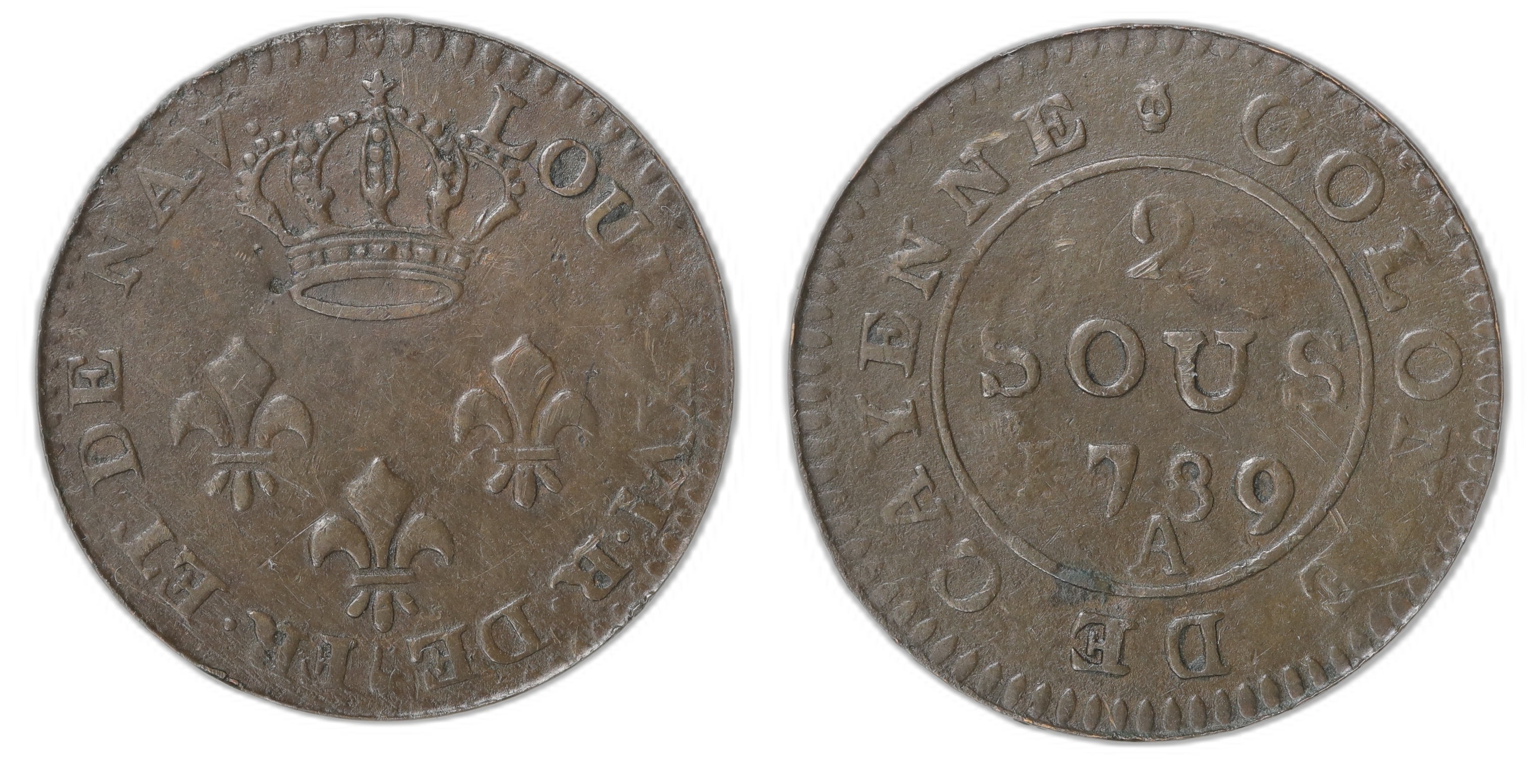 French Guyana 2 Sous 1789-A Kv: AU