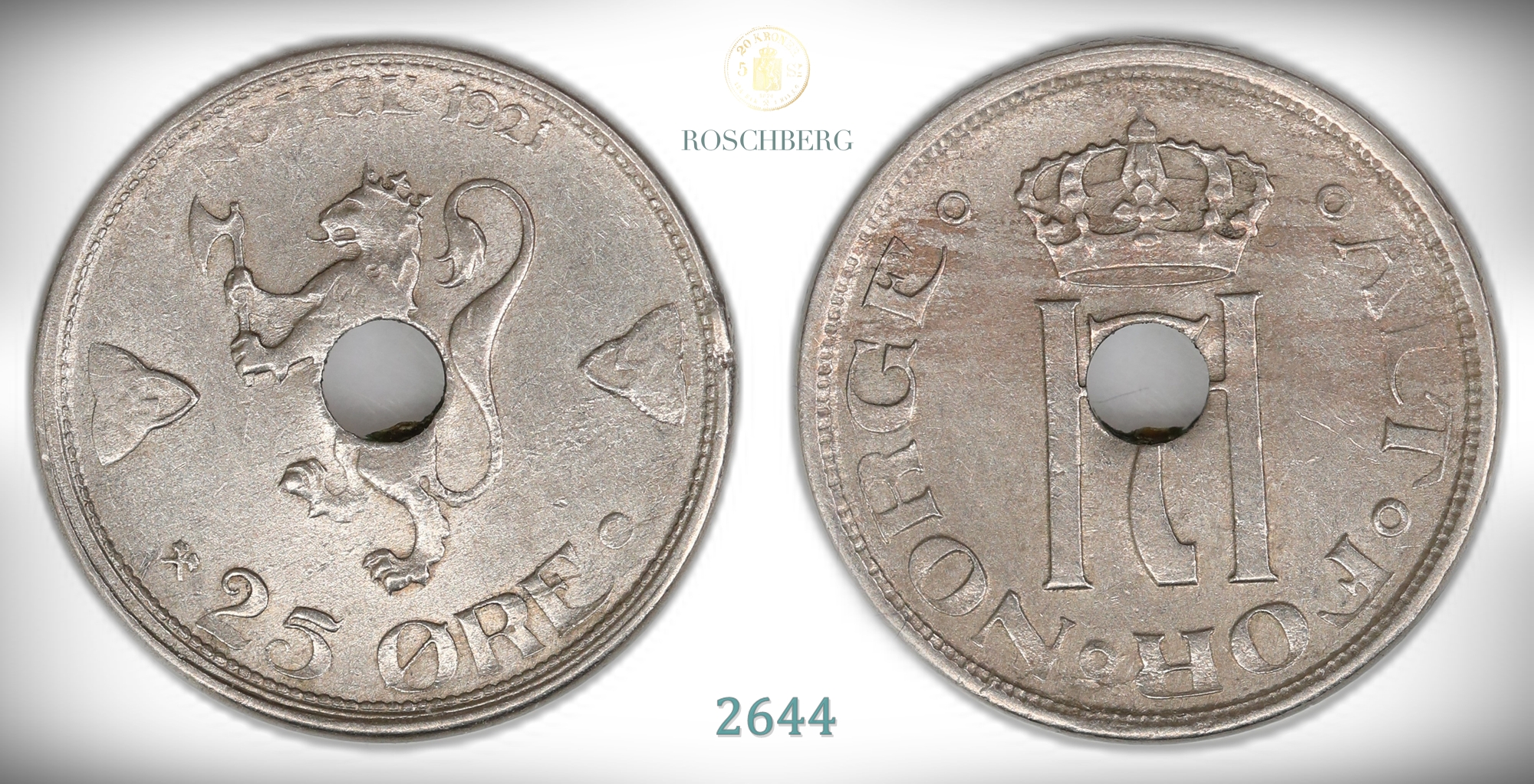 Norge 25 Øre 1921 Med Hull Kv: 1+/01