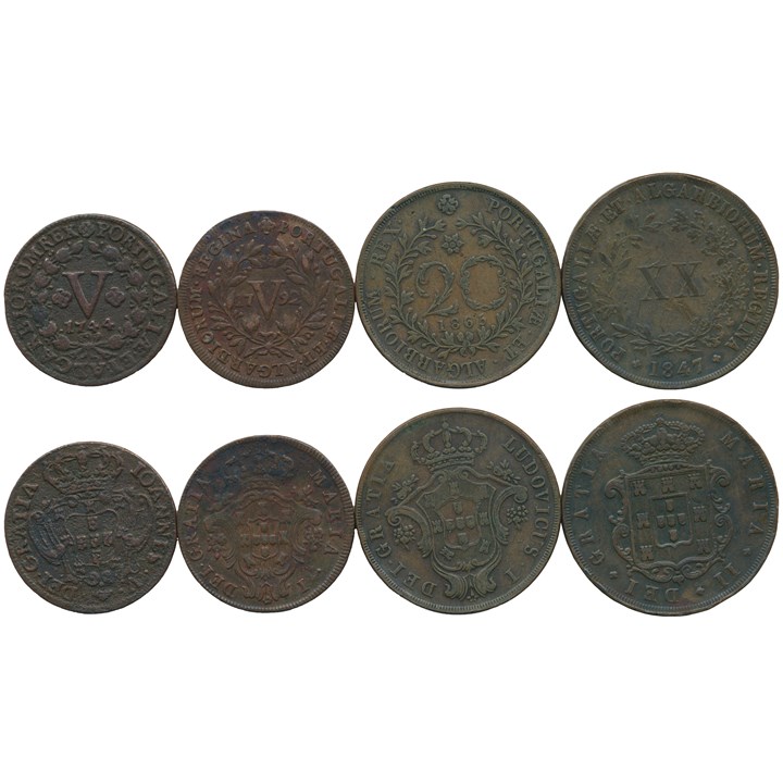 Portugal/Azores 5 Reis x 2 and 20 Reis x 2, 4 different coins VC