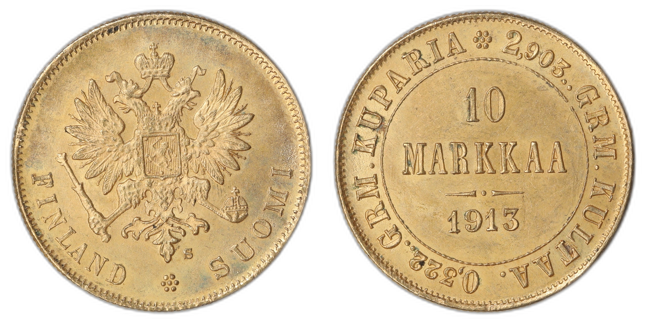 Finland 10 Markkaa 1913 2.903 gr fine Kv: UNC